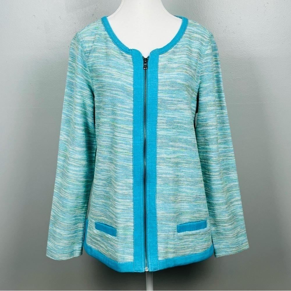 Coldwater Creek Aqua Multi-Striped Zip Front Jacket